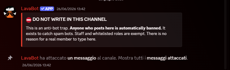 LavaBot posting an anti-bot trap warning in a Discord channel